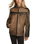 Women Color Block Racer Leather Jacket