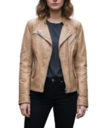 Women Light Brown Quilted Biker Leather Jacket