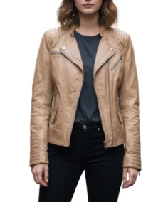 Women Light Brown Quilted Biker Leather Jacket