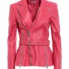 Women's Pink Belted Biker Lether Jacket