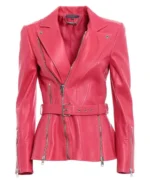 Women's Pink Belted Biker Lether Jacket