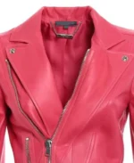 Women's Pink Belted Biker Lether Jacket Collar