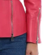 Women's Pink Belted Biker Lether Jacket Sleeves