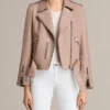 Women's Beige Leather Biker Jacket