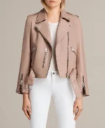 Women's Beige Leather Biker Jacket