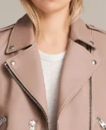 Women's Beige Leather Biker Jacket Collar