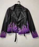 Women's Black and Purple Flame Biker Leather Jacket