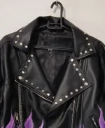 Women's Black and Purple Flame Biker Leather Jacket Collar
