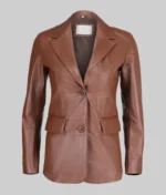 Women Slim Fit Brown Leather Blazer