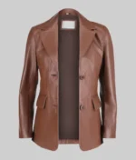 Women Slim Fit Brown Leather Blazer - Image 2