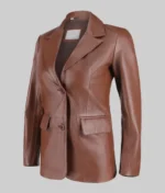 Women Slim Fit Brown Leather Blazer - Image 3