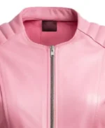 Women's Classic Pink Biker Leather Jacket Collar