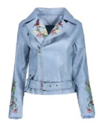 Women's Embroidered Lapel Collar Leather Jacket Front