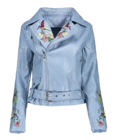 Women's Embroidered Lapel Collar Leather Jacket Front