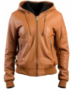 Women's Hooded Brown Leather Jacket