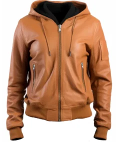 Women's Hooded Brown Leather Jacket