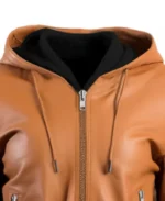 Women's Hooded Brown Leather Jacket Collar