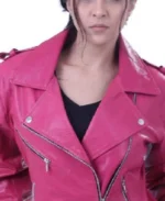 Women's Hot Pink Biker Leather Jacket Collar