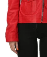 Women’s Lapel Style Red Leather Jacket Sleeves