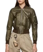 Women's Livia Green Leather Bomber Jacket