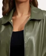 Women's Olive Oversized Leather Jacket Collar