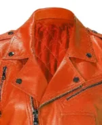 Women's Orange Leather Motorcycle Jacket Collar
