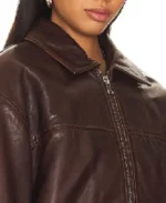 Women's Oversized Dark Brown Leather Jacket Collar