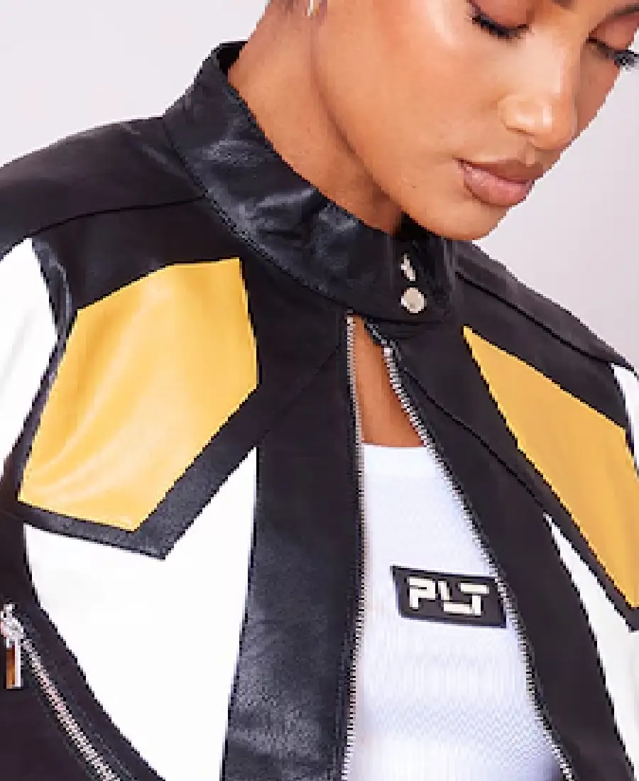 Women'S Panel Detail Crop Moto Leather Jacket 3 Women'S Panel Detail Crop Moto Leather Jacket Collar