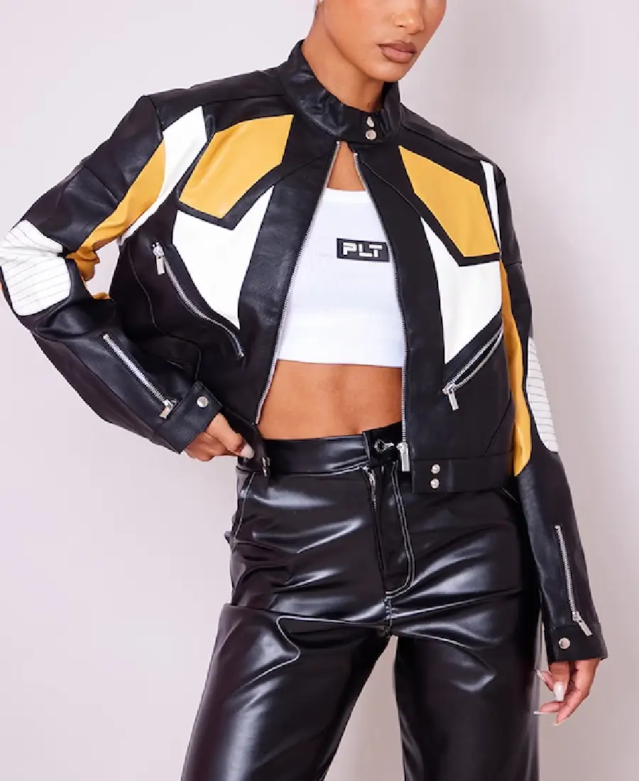 Women's Panel Detail Crop Moto Leather Jacket