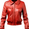 Women's Shirt Style Red Leather Bomber Jacket