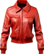 Women's Shirt Style Red Leather Bomber Jacket