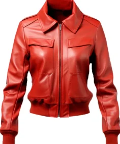 Women's Shirt Style Red Leather Bomber Jacket