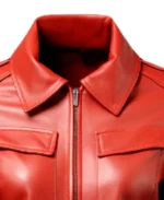 Women's Shirt Style Red Leather Bomber Jacket Collar