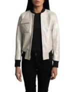 Women's Off White Leather Bomber Jacket