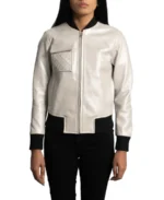 Women's Off White Leather Bomber Jacket - Image 3
