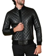 Men's Diamond Quilted Black Bomber Leather Jacket Front