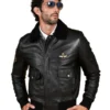 Wrinkled Shearling Collar Bomber Leather Jacket