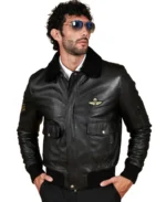 Wrinkled Shearling Collar Bomber Leather Jacket