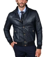 Men's Nappa Navy Bomber Leather Jacket Front - Trendy Leather Jackets