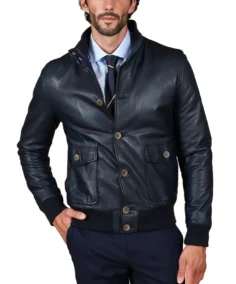 Men's Nappa Navy Bomber Leather Jacket Front - Trendy Leather Jackets