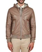 Men's Taupe Hooded Bomber Leather Jacket Front - Trendy Leather Jackets