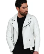 Men's Belted White Biker Leather Jacket - Trendy Leather Jackets