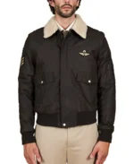 Wrinkled Shearling Collar Bomber Leather Jacket - Image 11