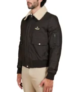 Wrinkled Shearling Collar Bomber Leather Jacket - Image 12