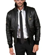 Wrinkled Shearling Collar Bomber Leather Jacket - Image 3