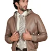 Men's Taupe Hooded Bomber Leather Jacket - Trendy Leather Jackets