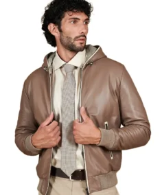 Men's Taupe Hooded Bomber Leather Jacket - Trendy Leather Jackets