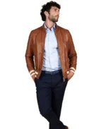 Men's Tan Natural Bomber Leather Jacket Front - Trendy Leather Jackets