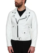 Men's Belted White Biker Leather Jacket Front - Trendy Leather Jackets