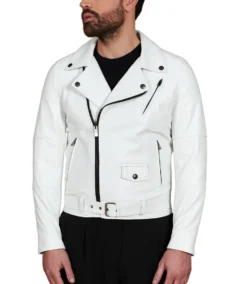 Men's Belted White Biker Leather Jacket Front - Trendy Leather Jackets